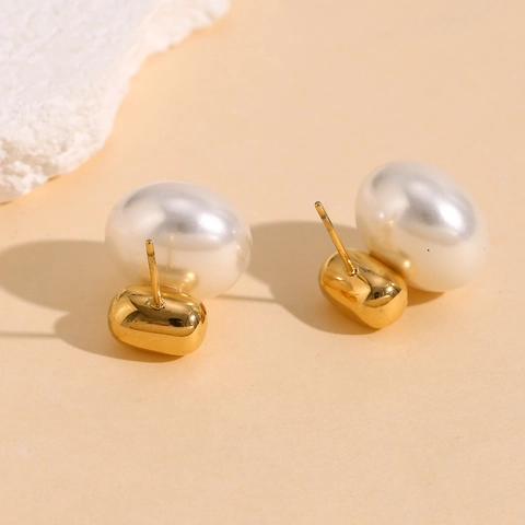 Minimalist Stud Earrings With Faux Artificial Pearl 18K Gold Plated Stainless Steel Geometric Elegant Jewelry For Women