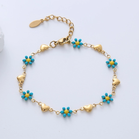 Dainty Stainless Steel 18K Gold Plated Enamel Daisy Flower Heart Link Bracelet For Women Elegant Adjustable Jewelry Gift