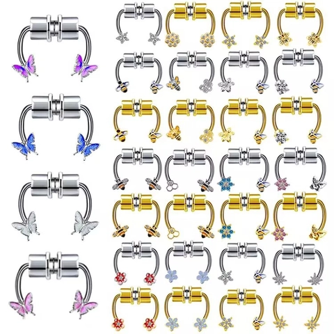 Faux Anneau de Nez Magnétique Sans Perçage en Acier Inoxydable Anneau de Septum Papillon Abeille Fleur Cœur Étoile Strass Bijoux de Corps pour Homme Femme
