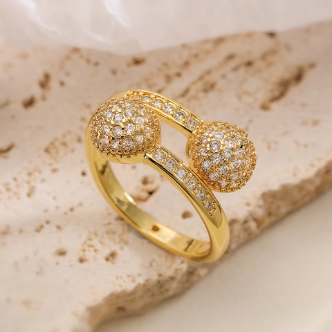Geometrischer Offener Ring Kupfer Vergoldet Mit Zirkonia Pavé Doppelball Verstellbarer Modeschmuck Damen