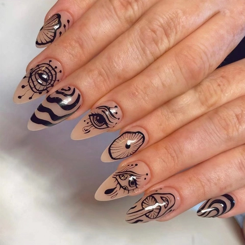 Press On Nagels Amandel Stiletto Vorm Handbeschilderde Ogen Golfpatroon Gothic Mystery Nude Roze Zwart Kunstmatige Nagels
