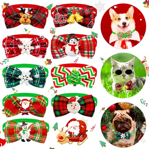 Christmas Pet Bow Tie Polyester Plaid Adjustable Necktie With Cartoon Resin Ornament For Small Medium Dogs Cats Holiday Party