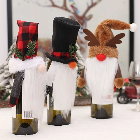Christmas Wine Bottle Covers Gnome Nordic Faceless Plaid Antler Top Hat Fabric Plush Holiday Dining Table Decor