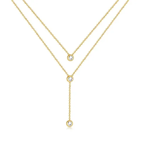 Double Layer Y Necklace Stainless Steel Gold Plated Cubic Zirconia Round Pendant Tassel Minimalist Elegant For Women