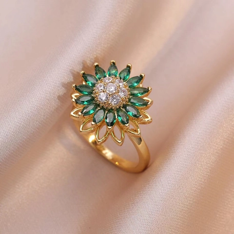 Sunflower Necklace Bracelet Ring And Earrings Titanium Steel Emerald Green Zirconia Floral Jewelry Women Elegance