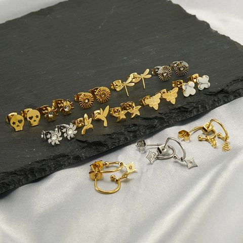 Orecchini A Perno In Acciaio Inossidabile Placcati Oro 14K Ape Stella Teschio Serpente Farfalla Geometrico Minimalista Uomo Donna