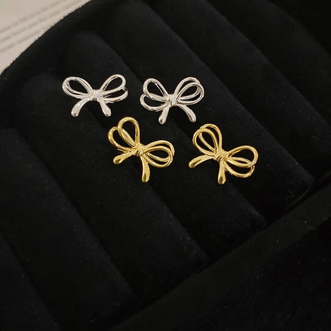 Bowknot Stud Earrings Simple Chic Dainty Copper Jewelry With Silver Earring Post For Women Fashion Accessory