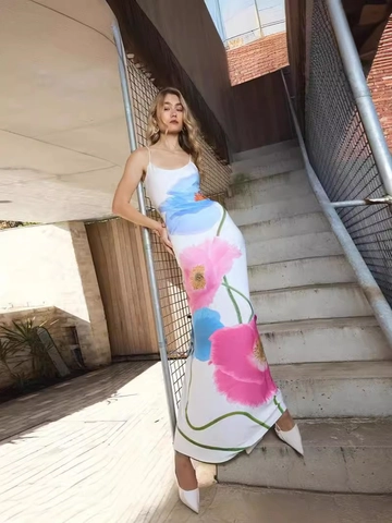 Vestito Maxi Stampa Floreale Poliestere Elastan Spalline Sottili Schiena Scoperta Slim Fit Scollo A U Vacanze Estive