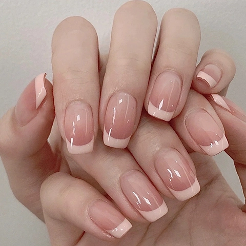 French Press On Nails Nude Pink Gradient White Tips Square Oval Shape Removable Artificial Fake Nail Tips Glossy
