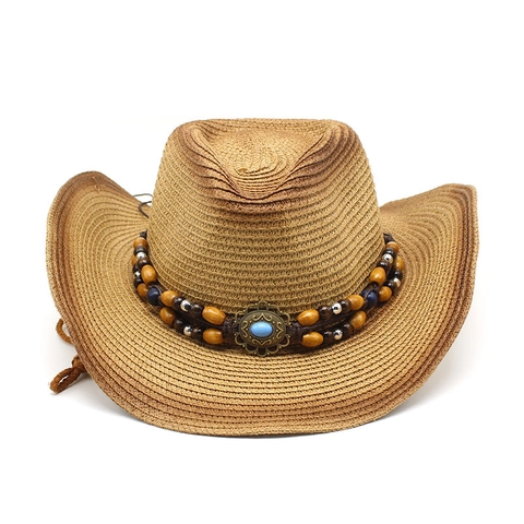 Cappello Da Cowboy In Paglia Tesa Larga Protezione Solare Perline Etniche Decorazione Turchese Spiaggia All Aperto Estate Per Uomo Donna