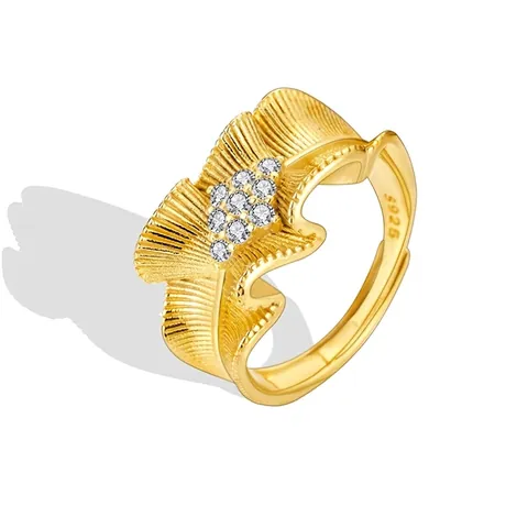 925 Sterling Silver Zirconia Adjustable Open Ring For Women Luxury Pleated Satin Skirt Edge Design Elegant Finger Jewelry