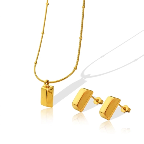 Minimalist Titanium Steel 18K Gold Plated Rectangle Pendant Necklace And Earrings Jewelry For Women Geometric Jewelry