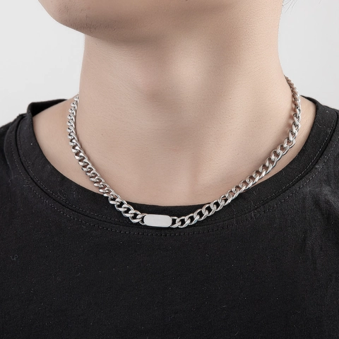 Collar Cadena Cubana Colgante Rectángulo Acero Titanio Hip Hop Minimalista Streetwear Joyería Unisex Tono Plateado