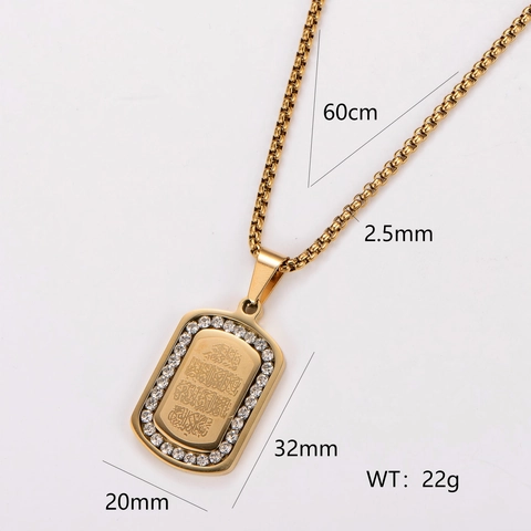 Ayatul Kursi Inscripción Árabe Colgante Collar Acero Inoxidable Chapado En Oro 18K Rhinestone Etiqueta Rectangular Joyería Religiosa