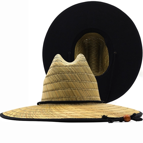 Wide Brim Straw Hat UV Protection Beach Outdoor Lifeguard Style With Adjustable Wind Rope For Men And Women