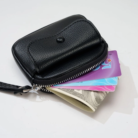 Women Mini Coin Purse PU Leather Litchi Pattern Short Wallet With Wrist Strap Zipper Pocket Front Flap Card Holder
