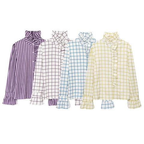 Women Elegant Ruffle High Neck Long Sleeve Shirt Vintage Plaid Striped Button Up Blouse Office Casual Tops Fashion Clothes