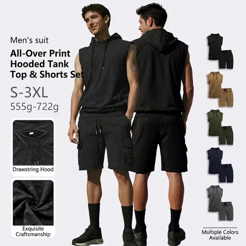 Men Sleeveless Hooded Vest And Shorts Polyester Cotton Blend Knit Drawstring Cargo Pockets Solid Color Casual Sporty