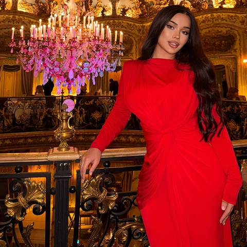 Elegant Ruched Slim Fit Maxi Dress Long Sleeve Round Neck Polyester Spandex Solid Color Evening Party Gown For Women