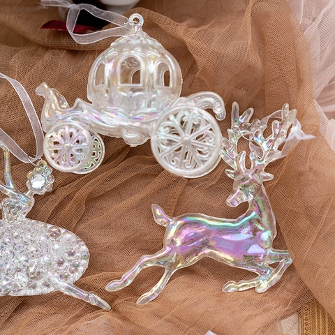 Ornamenti Natalizi Appesi in Acrilico Iridato Trasparente Colorato Renna Carrozza a Zucca Torre Ballerina Decorazioni per Albero