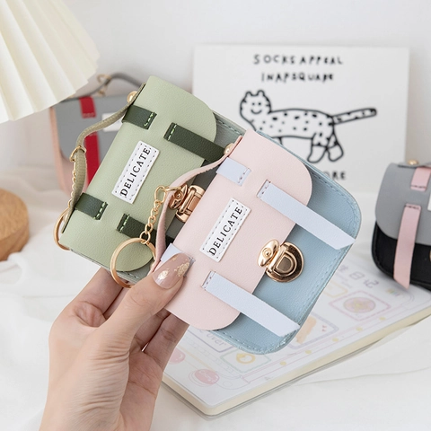 Mini Coin Purse Keychain PU Leather Color Block Cambridge Bag Shape Flip Top Key Holder Bag Charm For Women Girls