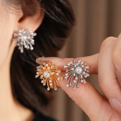 Firework Artificial Pearl Stud Earrings Starburst Zircon Copper Gold Plated With Silver Earring Post For Women Elegant Luxury