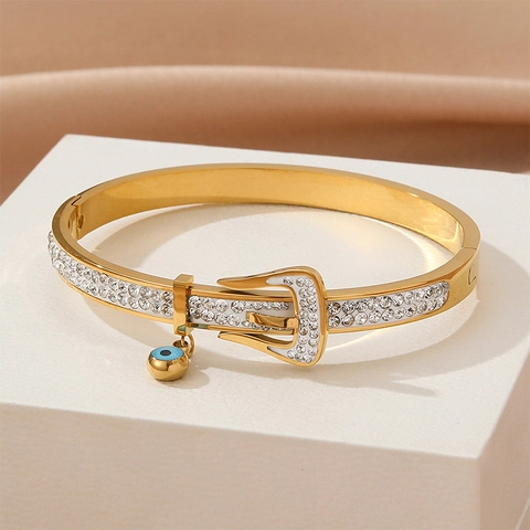 Vintage Titanium Steel Belt Buckle Bracelet For Women Gold Plated Rhinestone Inlaid Evil Eye Pendant Bangle Light Luxury Jewelry