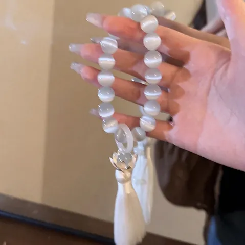 Bracciale Di Perline In Pietra Occhio Di Gatto Con Ciondolo A Fiore Di Loto In Metallo E Nappa Di Raso Gioielli Stile Cinese