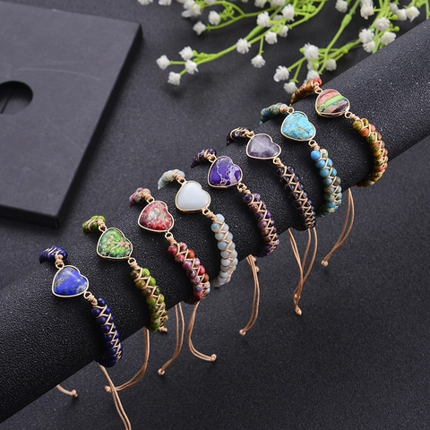 Handgemachtes Naturstein Herz Charm Perlenarmband Bohemian Verstellbares Wachsseil Mit Grußkarte Geschenk Für Frauen