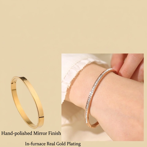 Bracciale Rigido in Acciaio al Titanio con Stella a Otto Punte e Strass per Donna Impermeabile Placcato Oro Argento