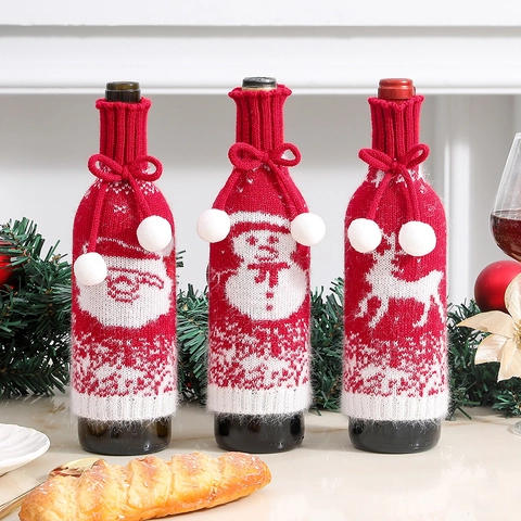 Christmas Wine Bottle Cover Knitted Acrylic Santa Snowman Reindeer Pattern Holiday Dinner Table Decor Novelty Gift