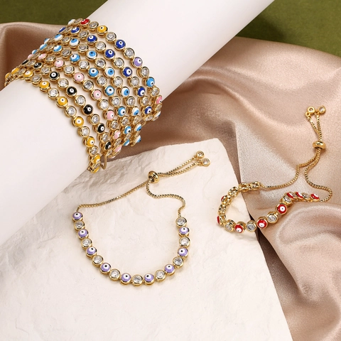 Evil Eye Adjustable Bracelet Copper Colorful Enamel Cubic Zirconia Micro Pave Bolo Clasp For Women Elegant Jewelry Gift