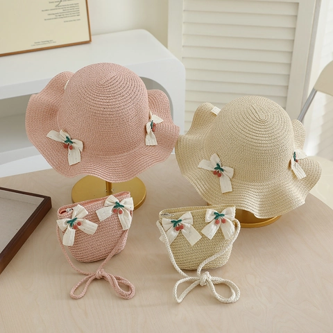 Chapeau De Soleil D'été Pour Filles Et Sac À Bandoulière En Paille De Papier Bord Ondulé Noeud Cerise Respirant Plage