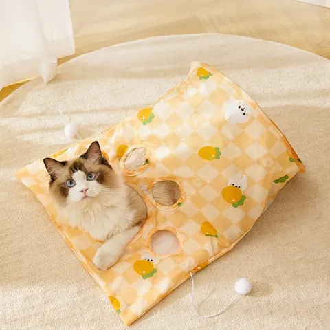 Foldable Cat Tunnel Toy Polyester Crinkle Paper Drill Bag Interactive Hanging Plush Balls Mouse Cartoon Print Indoor Kittens