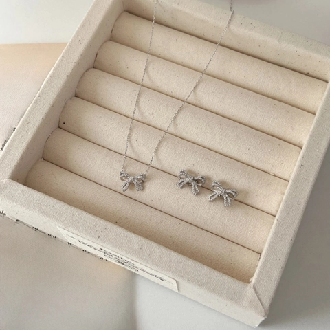 Elegant 925 Sterling Silver Bowknot Jewelry Set With Zirconia Necklace And Earrings Sweet Daily Fashion Jewelry For Women
