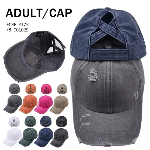 Women Ponytail Baseball Cap Washed Cotton Criss Cross Messy Bun Hat Distressed Outdoor Sunshade Vintage Adjustable
