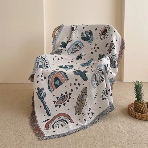 Bohemian Cotton Blend Woven Throw Blanket With Tassels For Sofa Couch Picnic Camping Jacquard Cactus Rainbow Pattern