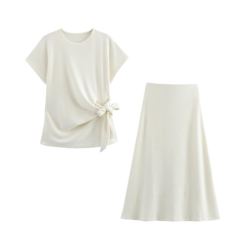 Women Casual Ribbed Knit Top And Maxi Skirt Co-ord Round Neck Short Sleeve Side Knot T-Shirt And A-Line Long Skirt Outfits