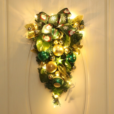 Ghirlanda Di Natale A Goccia Pino Artificiale Ornamento Da Porta Palle Di Plastica Nastro Fiocco Luce LED Decorazione