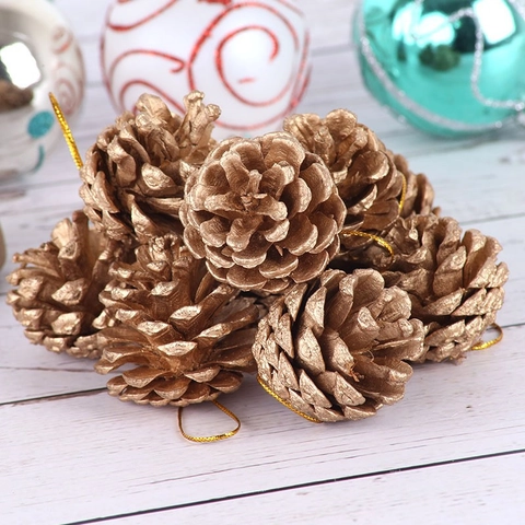 Natural Wood Christmas Pinecone Ornaments Gold Silver Pine Cone Hanging Pendants For Christmas Tree Holiday Party Decoration
