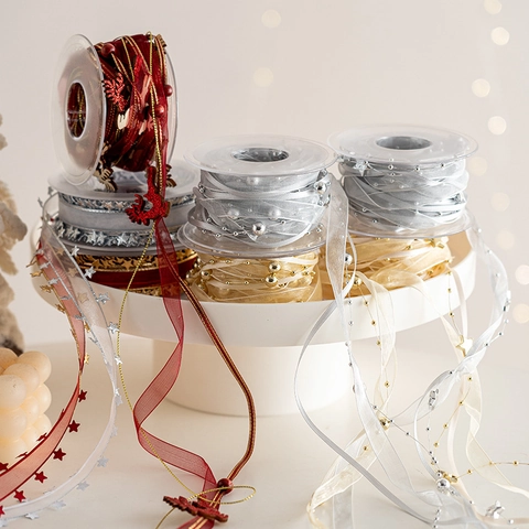 Christmas Ribbon Decorative Cord With Stars Artificial Pearls Deer For Tree Ornaments Gift Wrapping Party Layout Festive Elegant
