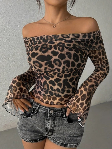 Leopard Print Off Shoulder Langarm Mesh Top Damen Sexy Slim Fit Crop Tüll Flare Sleeve Lettuce Trim Streetwear