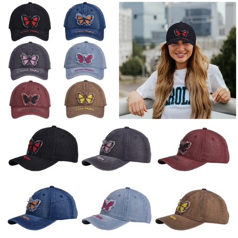 Berretto Da Baseball In Denim Lavato Con Ricamo A Farfalla Vintage Cappello Protezione Solare Distressed Per Uomini Donne