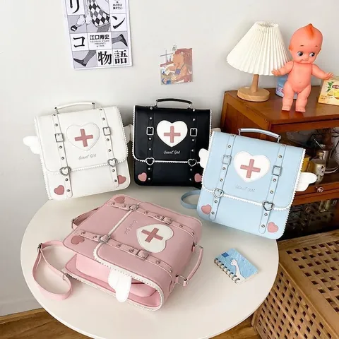 Zaino Sweet Girl Pelle PU Cuore Ali Ricamo Croce Stile JK Kawaii