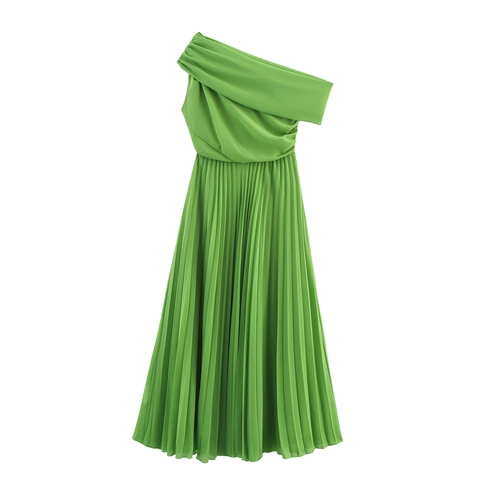Vestido Largo Plisado De Un Hombro Para Mujer Elegante Sin Mangas Cintura Alta Color Sólido Asimétrico Gasa Poliéster