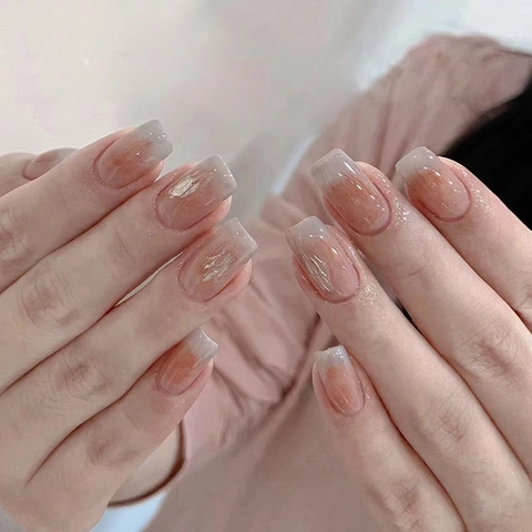 Long Coffin Press On Nails Gradient Gray Brown Marble Pattern Gold Foil Luxury French Style Glossy Fake Nails For Women