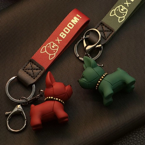 Cute Cartoon French Bulldog Keychain With Gold Stamping PU Leather Rope Resin Dog Bag Charm Key Ring For Women Couples Gift