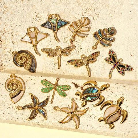 Vintage DIY Charms Stainless Steel Mother Of Artificial Pearl Abalone Shell Dragonfly Sea Turtle Starfish Jewelry Making For Women