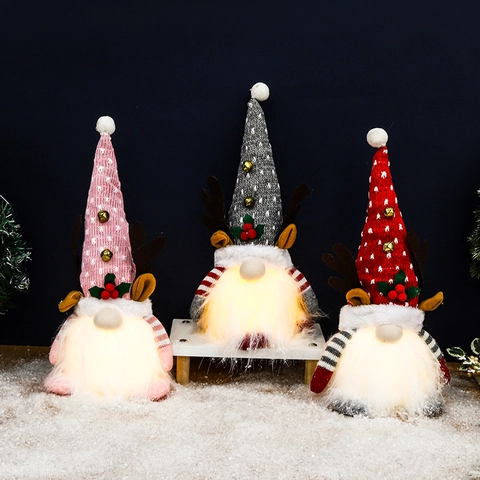 Christmas Gnome Reindeer Antler LED Light Up Plush Rudolph Ornament Knitted Hat Bell Decoration Festive Holiday Home Decor