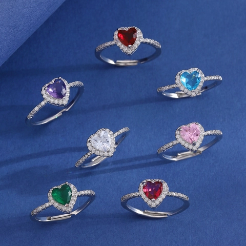 Adjustable Heart Shaped Copper Ring For Women Colorful Rhinestone Open Finger Ring Fashion Jewelry Wedding Party Gift